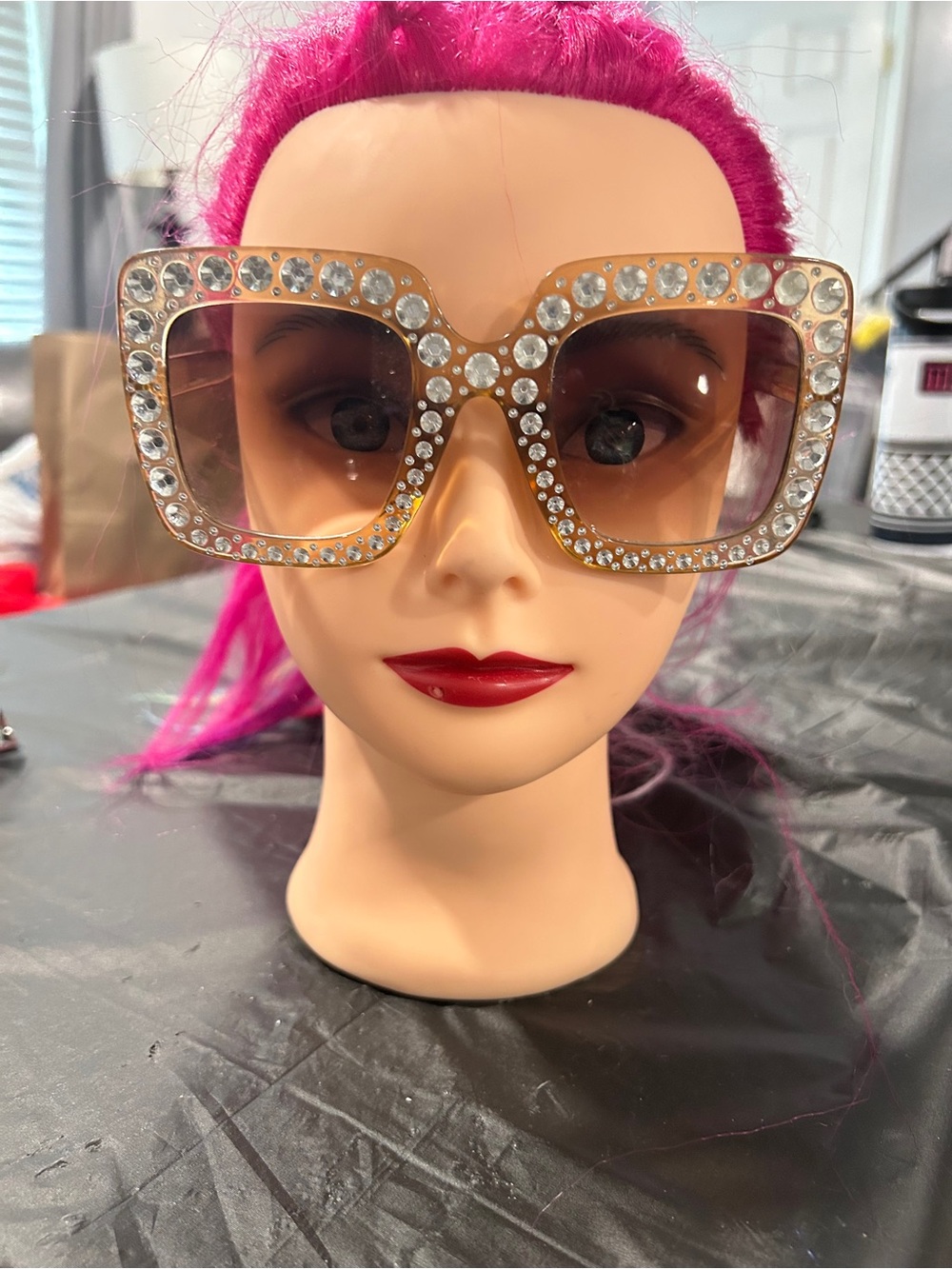 Rhinestone Embellished Oversized Square Sunglasses - Brown